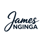 A typographic logo for James Nginga. The first name 'James' is written in a fluid, handwritten script style, while the last name 'NGINGA' is set in a bold, uppercase sans-serif font directly beneath it. The color is a dark charcoal or navy blue on a light gray background.